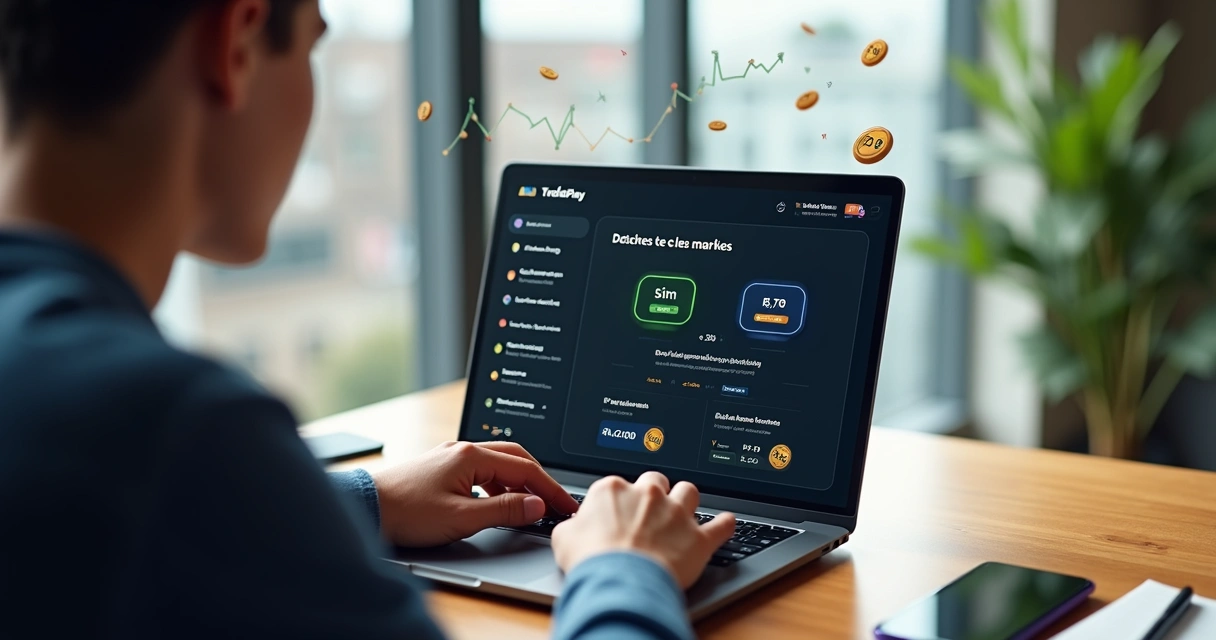 Pessoa criando mercado na TrendPlay em notebook com gráficos e opções de sim e não 