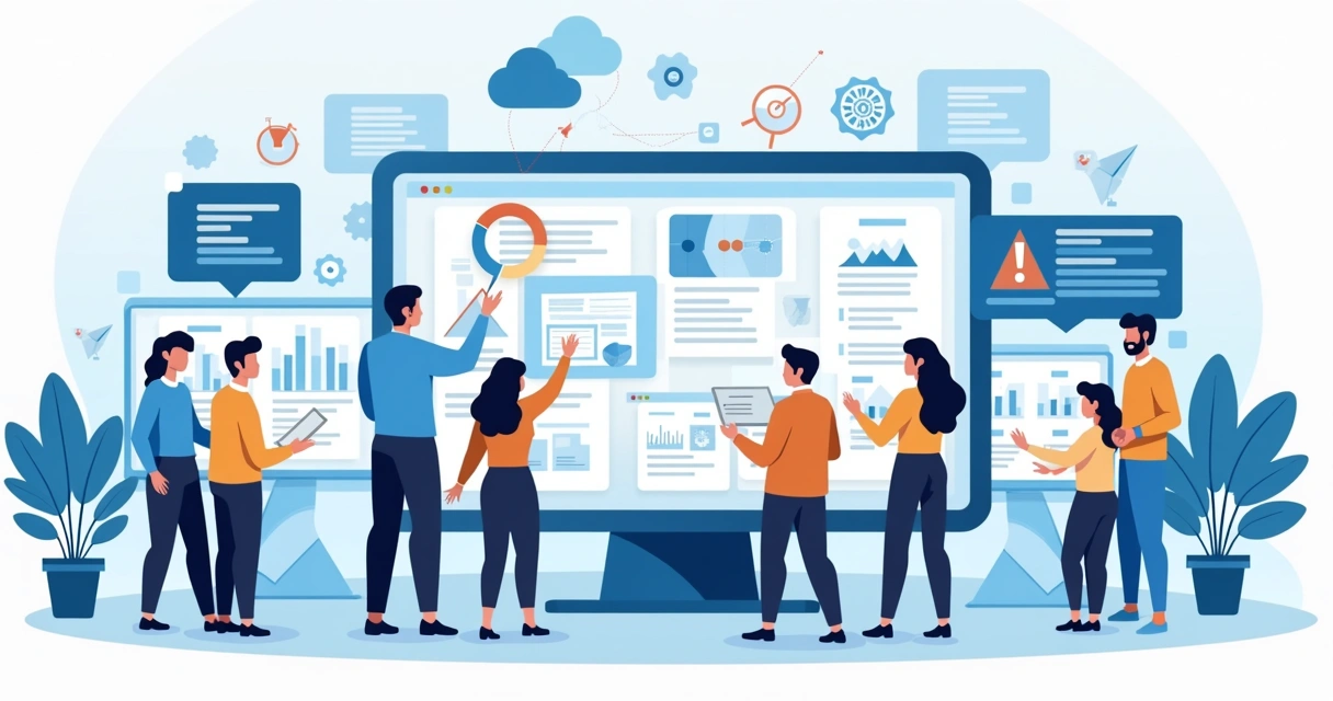 Ilustração corporativa mostrando empreendedores utilizando ferramentas no-code para criar um MicroSaaS com inteligência artificial e automação 