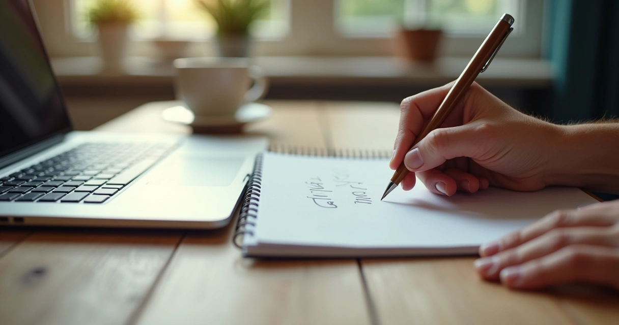 Pessoa escrevendo uma pergunta em caderno com laptop ao lado