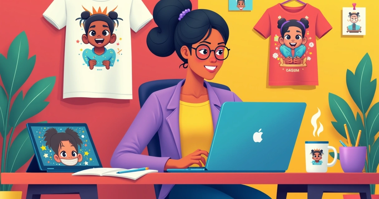 Pessoa criando arte de meme em notebook, com camisetas e canecas ao redor