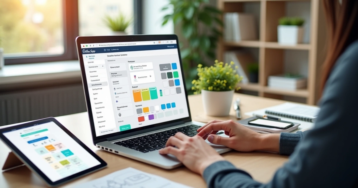 Pessoa criando site grátis em computador com tablet e celular ao lado 