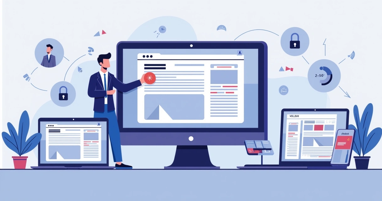 Ilustração de profissional criando site grátis em construtor com editor arrasta e solta 