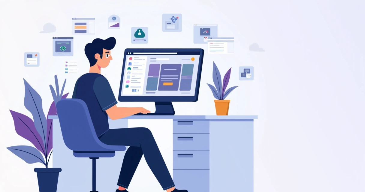 Ilustração de pessoa criando site profissional em laptop com construtor visual 