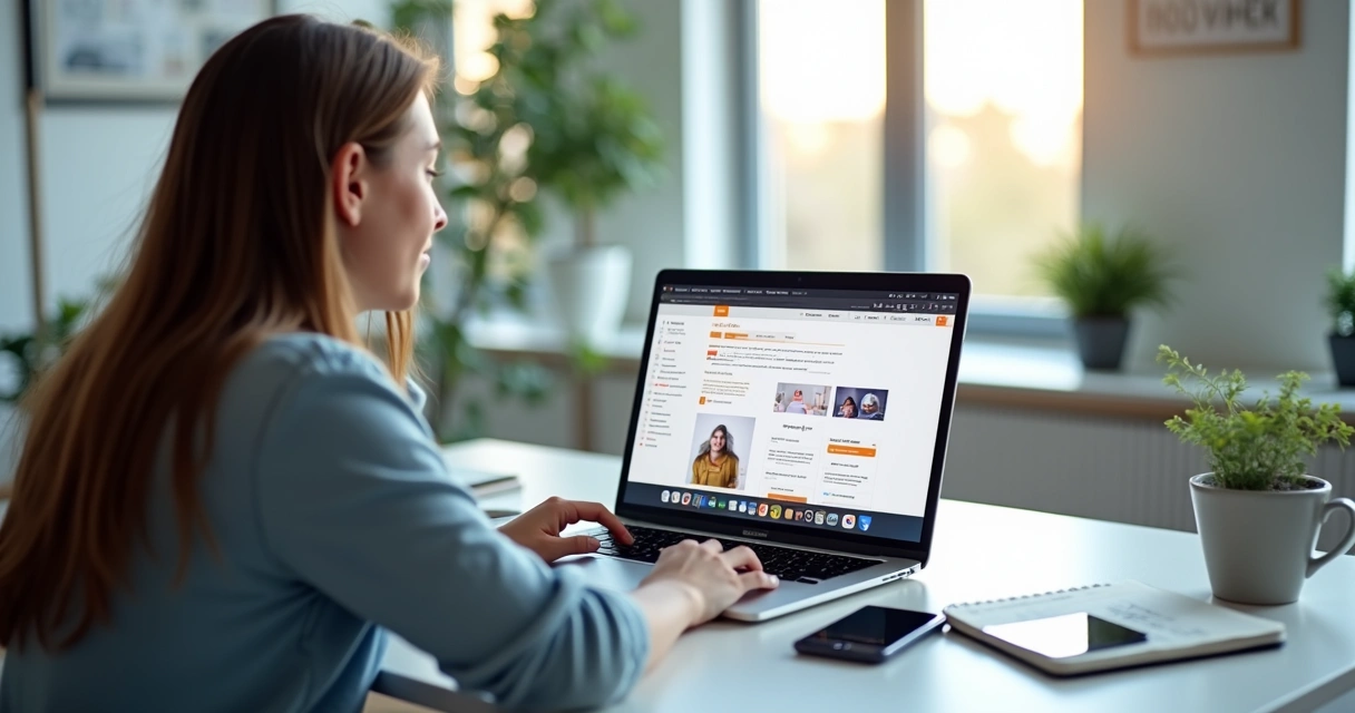 Pessoa criando site profissional grátis em laptop com editor arrasta e solta na tela 