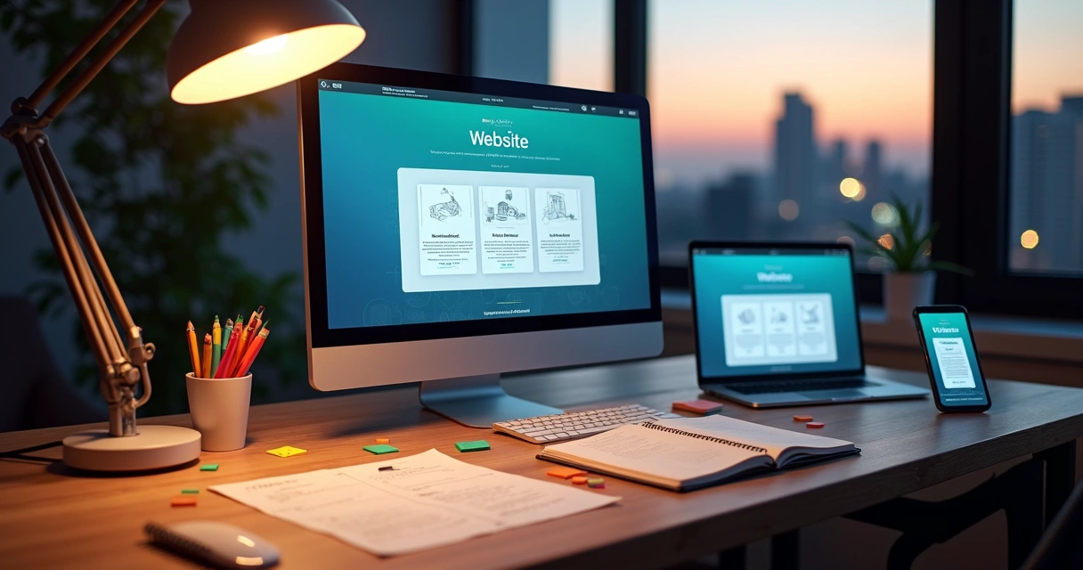 Mesa com esboços de site e monitor exibindo site profissional moderno 