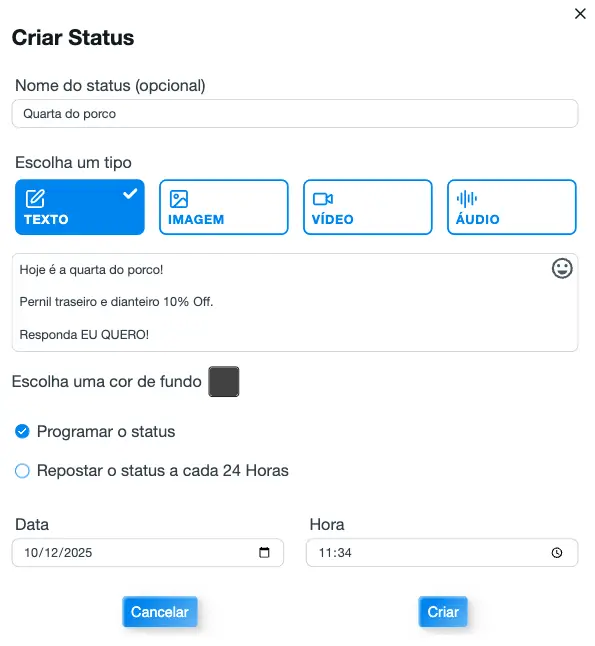 Tela da plataforma WaSpeed para criar e programar um status de texto com fundo escuro