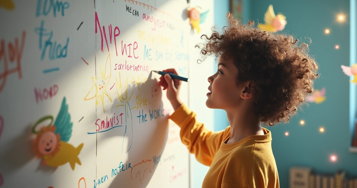 Pessoa escrevendo palavras em um quadro branco com desenhos animados de anjos ao redor 