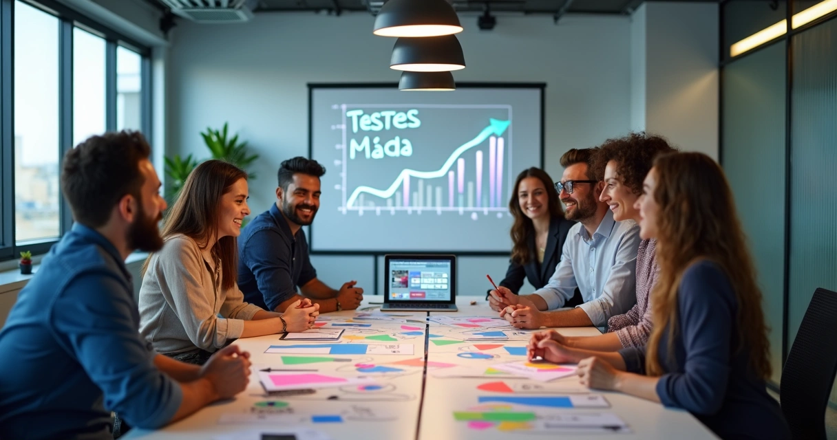 Equipe de marketing em uma sala moderna, analisando diferentes peças publicitárias e discutindo estratégias de anúncio digital. 