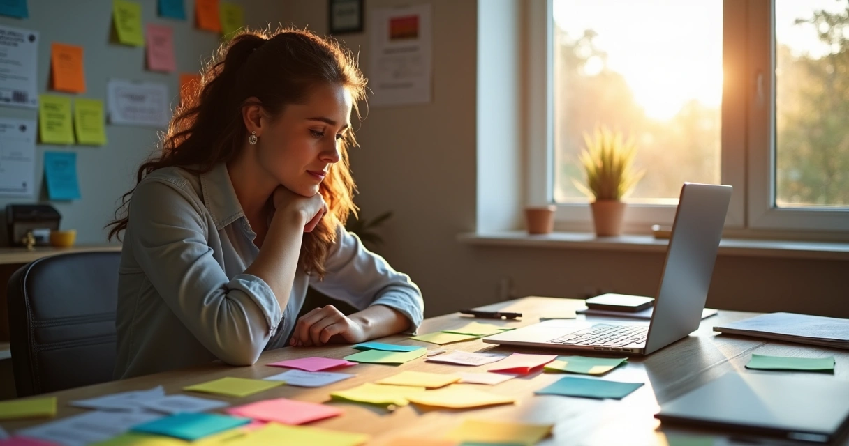 Pessoa pensando em ideias para posts do LinkedIn, mesa cheia de anotações 