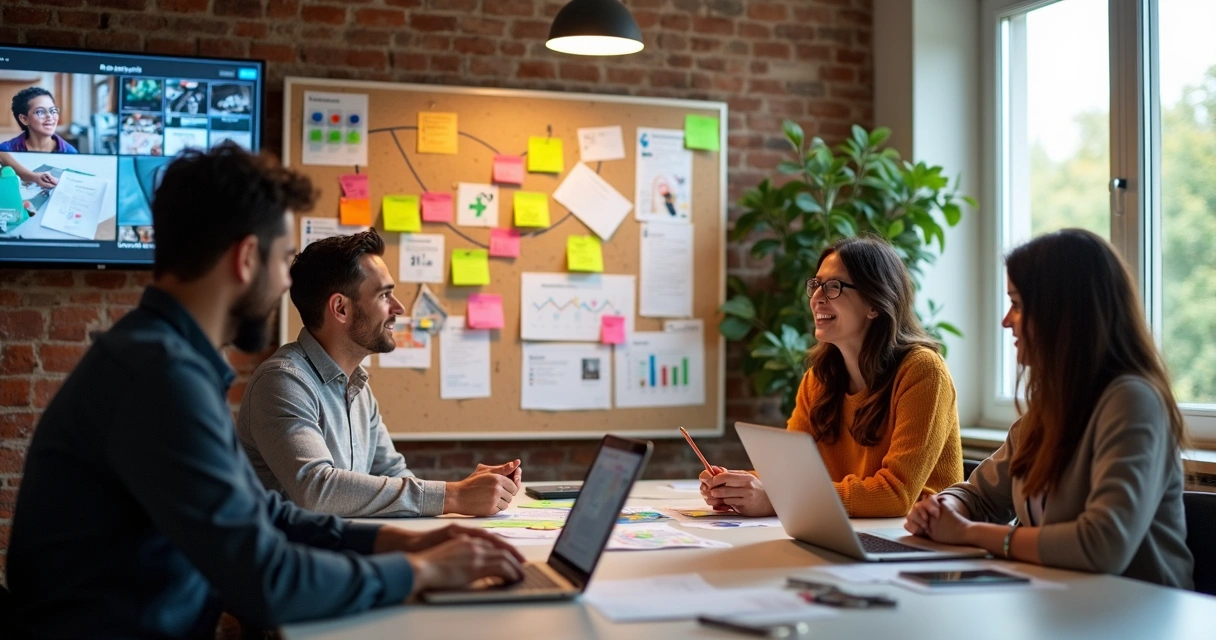 Equipe criativa de agência digital analisando um painel colorido de ideias 