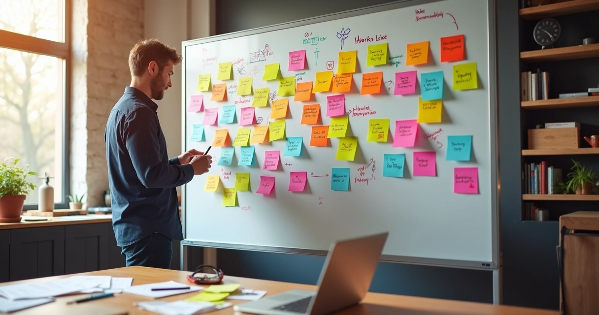 Pessoa criando perguntas em quadro branco com post-its coloridos e anotando ideias em notebook 