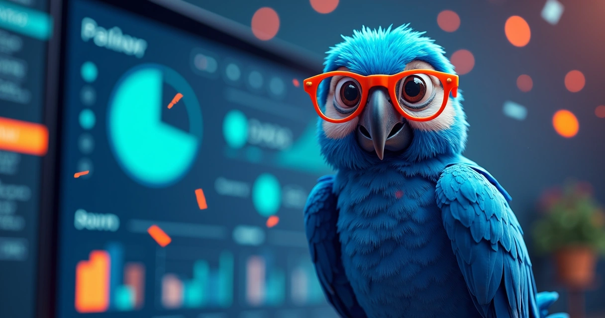 Mascote arara azul comemorando conquista digital 