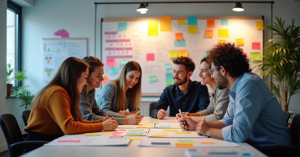 Equipe de marketing digital trabalhando juntos em ambiente criativo com quadros de ideias e gráficos 