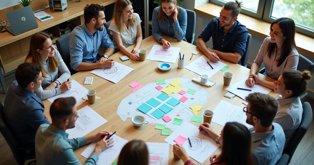 Team celebrating ideas with colored papers on the table