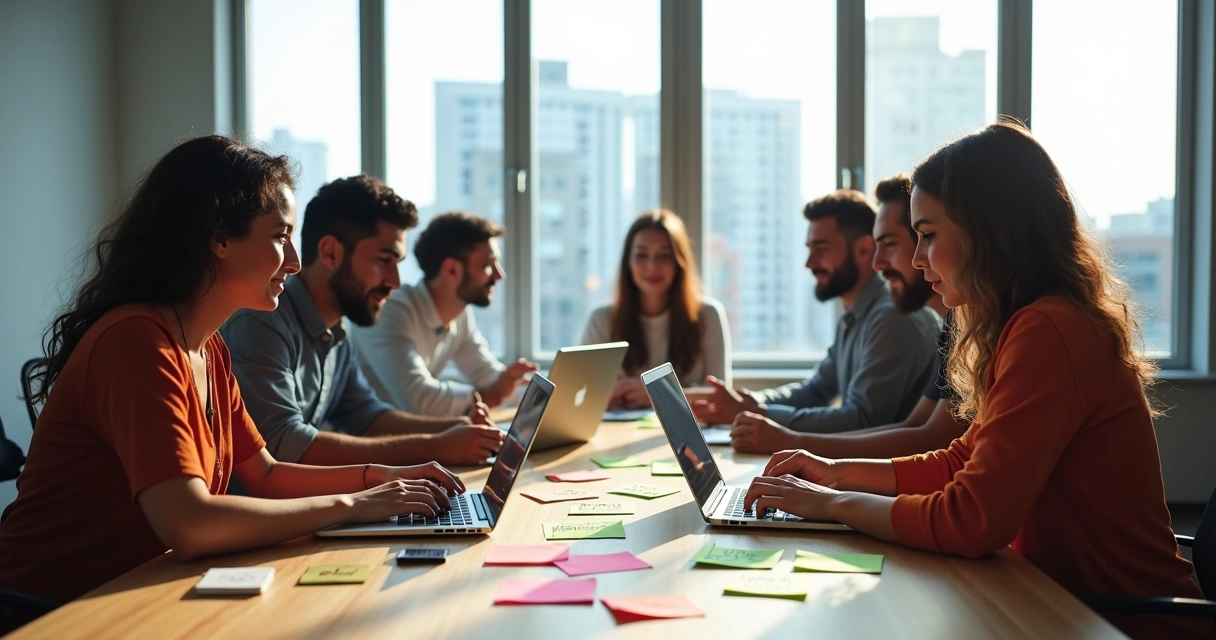 Equipe de marketing reunida em mesa criando estratégia digital para comércio local 