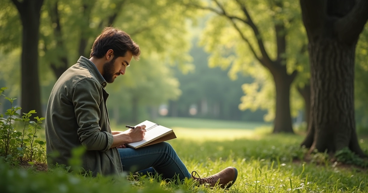 Pessoa sentada ao ar livre, escrevendo em caderno, ao lado de árvores e luz natural. 