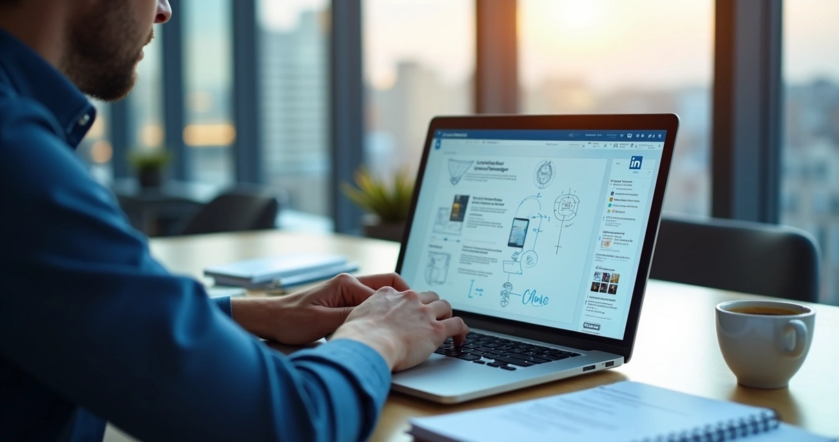 Profissional criando conteúdo original para LinkedIn com IA e elementos pessoais 
