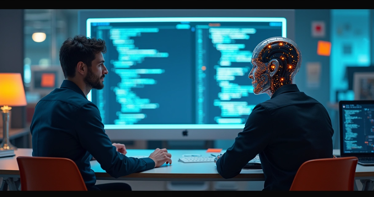 Humano e IA colaborando para criar código em uma sala de tecnologia 