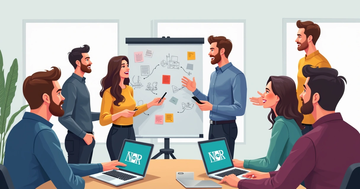 Equipe NÓR em reunião criativa com quadros e computadores discutindo ideias 