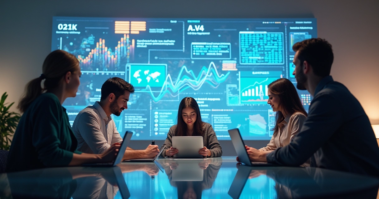 Equipe criativa reunida com representações de IA, gráficos de dados e brainstorm 