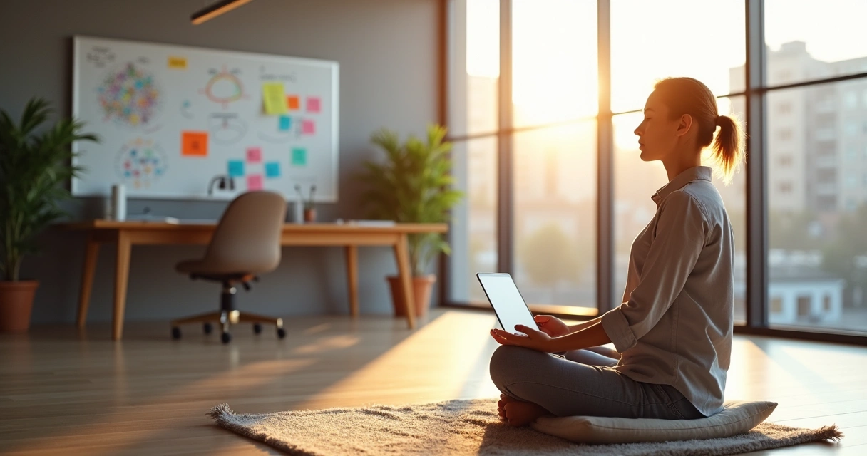 Profissional em meditação silenciosa em escritório criativo moderno 