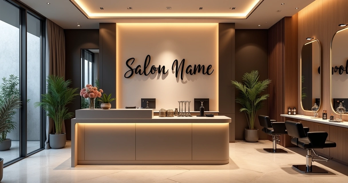 Espaço interno de salão de beleza moderno com decoração elegante, letreiro criativo com nome do salão em destaque 