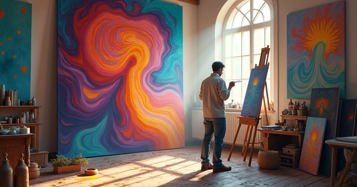 Homem pintando quadros coloridos inspirado em sonhos 