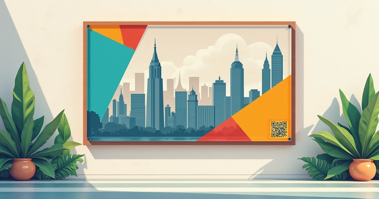 Placa de inauguração criativa com QR code e detalhes coloridos 