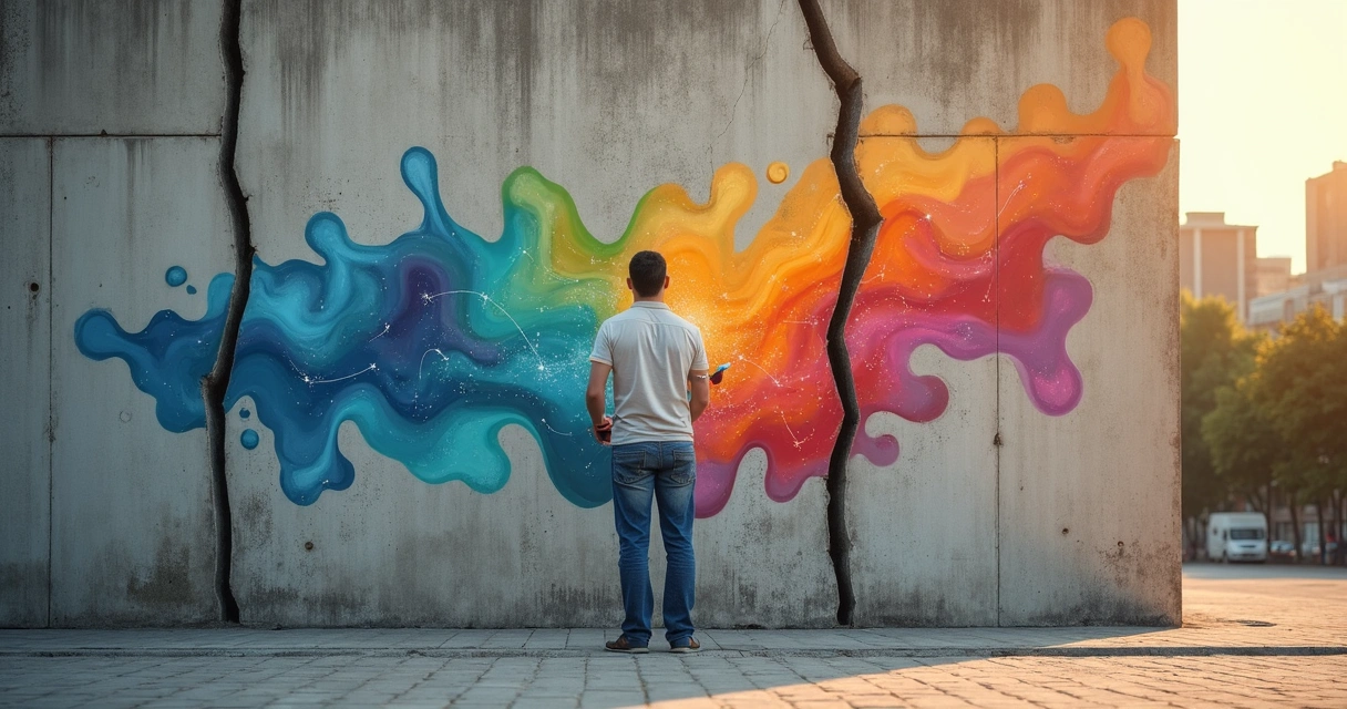 Pessoa pintando formas coloridas sobre rachadura em muro cinza 
