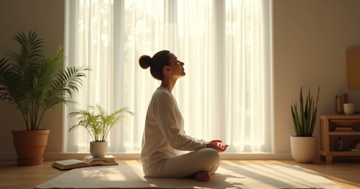 Pessoa sentada em ambiente tranquilo, olhos fechados, com luz suave entrando pela janela 