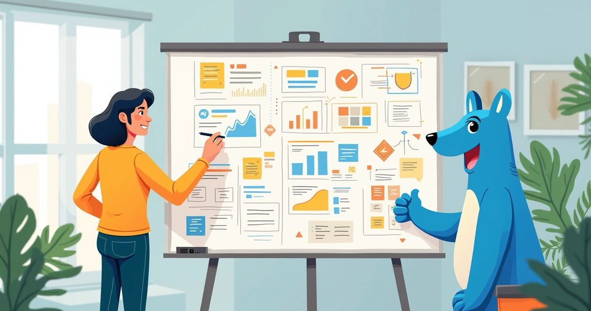 Pessoa criando soluções digitais desenhando em um quadro branco com post-its coloridos. 