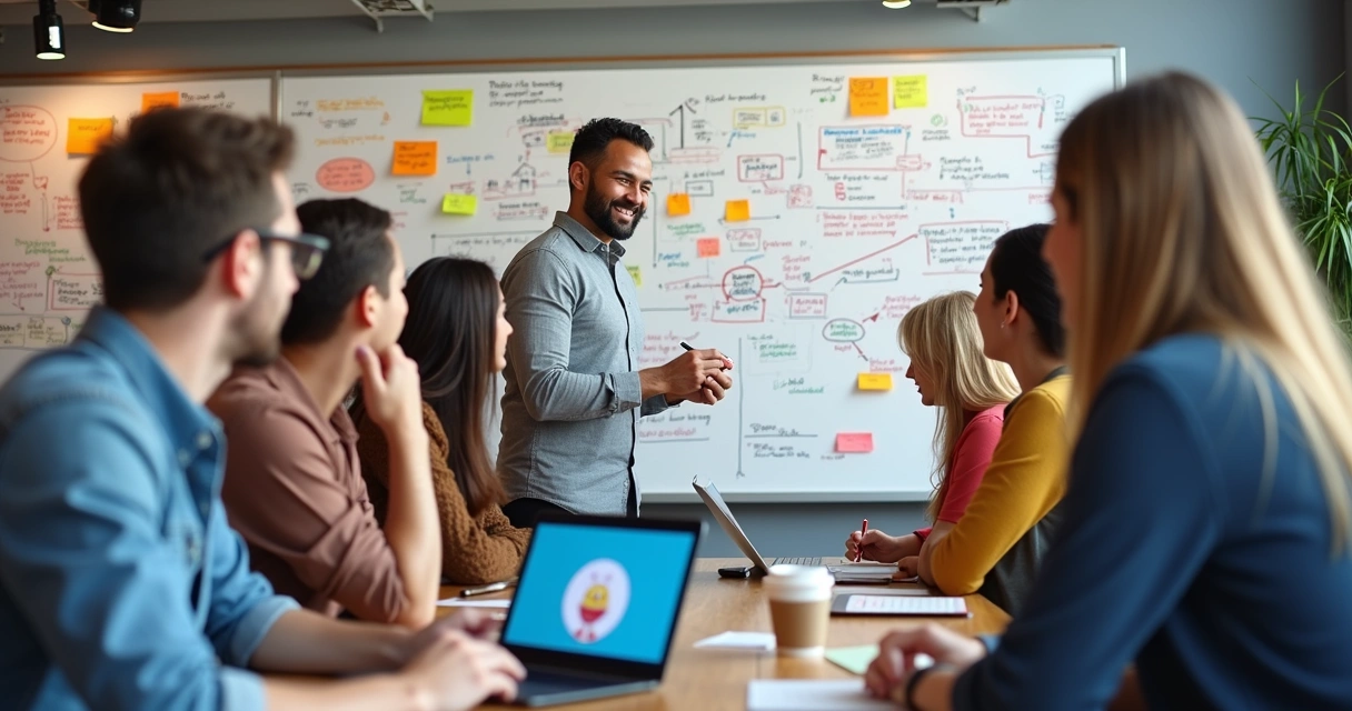 Pessoa desenhando fluxos de automação em quadro branco