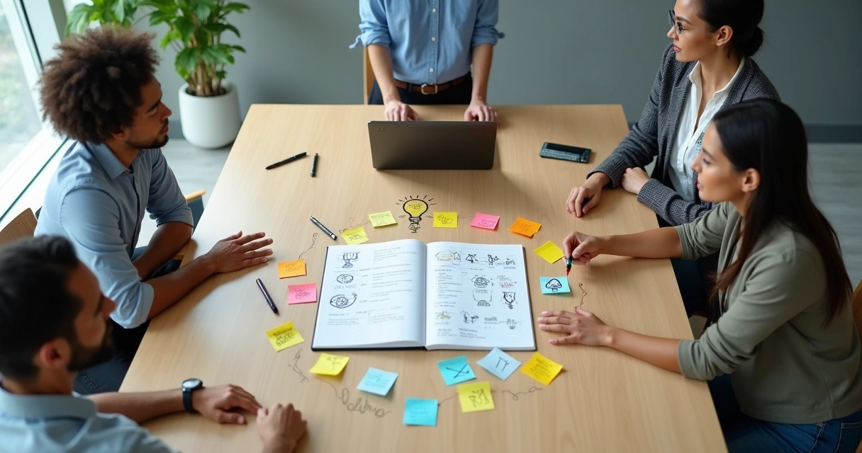 Equipe co-criando em mesa de trabalho com desenhos saindo do centro da mesa 