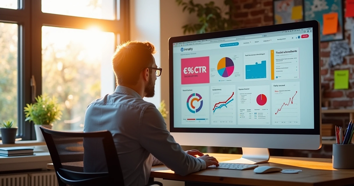 Criativo de marketing analisando métricas no computador 