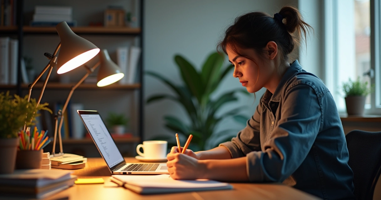 Pessoa escrevendo ideias em um caderno em mesa de trabalho com computador e luminária LED 