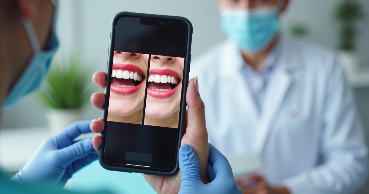 Anúncio de antes e depois de tratamento odontológico