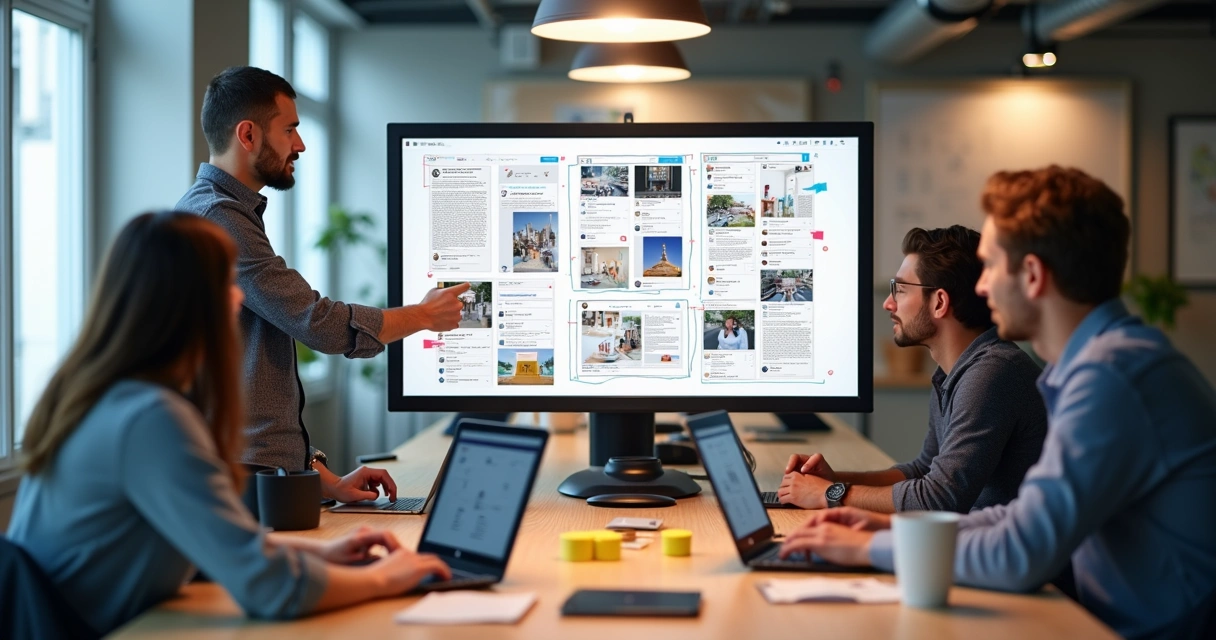 Equipe criando anúncios em vários formatos para redes sociais 