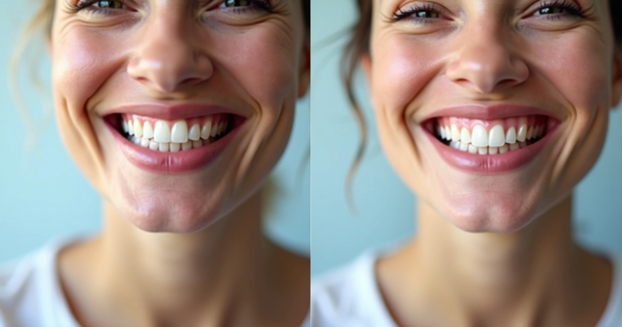 Criativo de anúncio digital mostrando sorriso antes e depois de implante dentário 