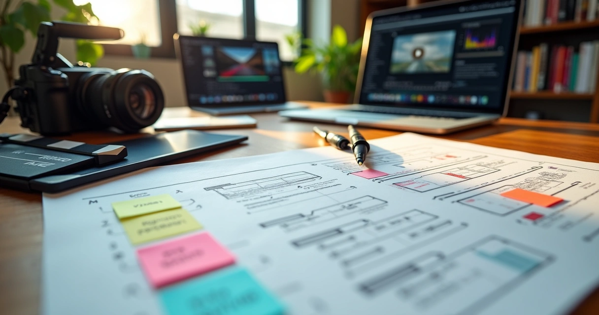 Mesa de trabalho com storyboard, câmera de cinema e anotações de briefing reunidos 