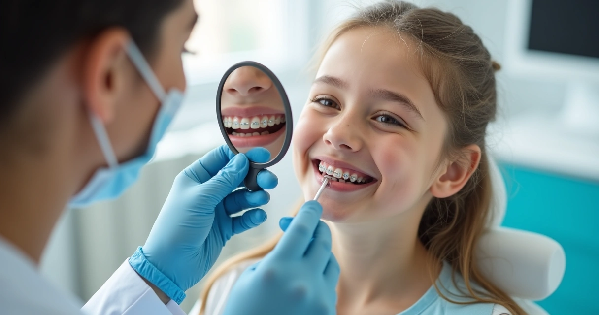 Jovem olhando para aparelho dentário novo no espelho do consultório