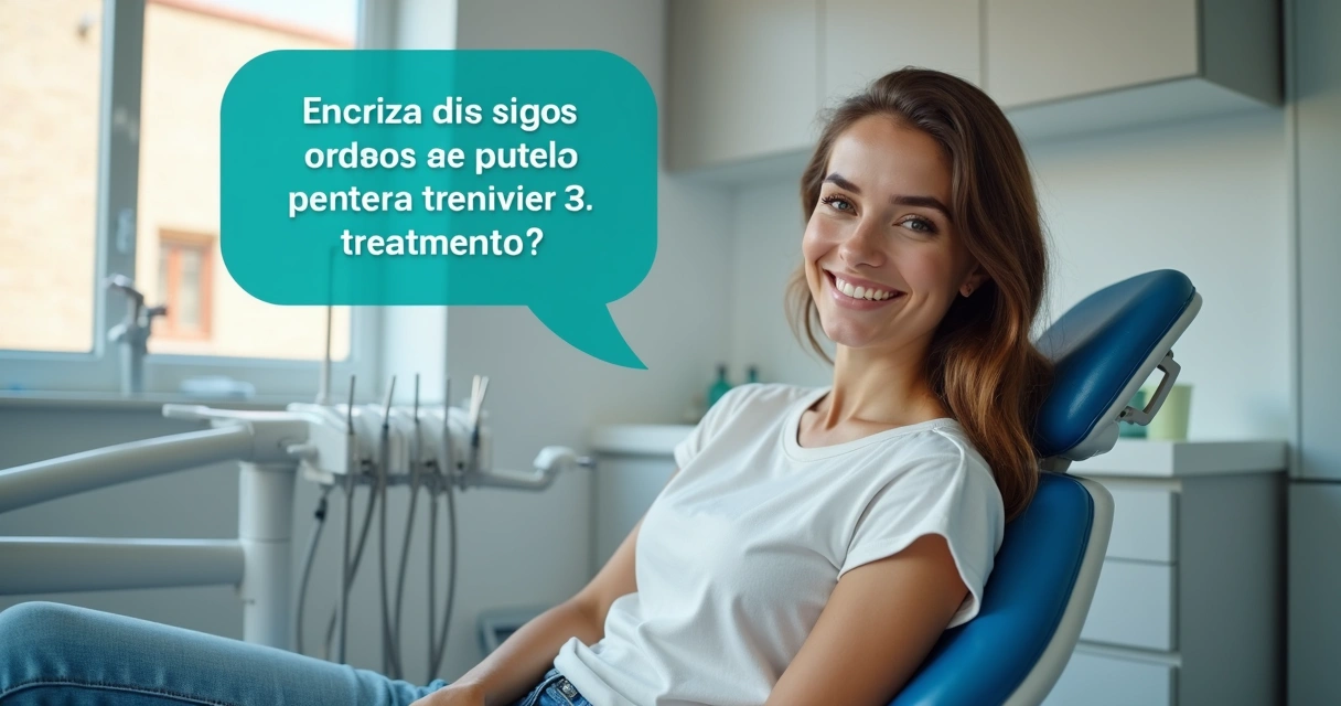 Mulher sorrindo e balão de pergunta sobre tratamento dentário 