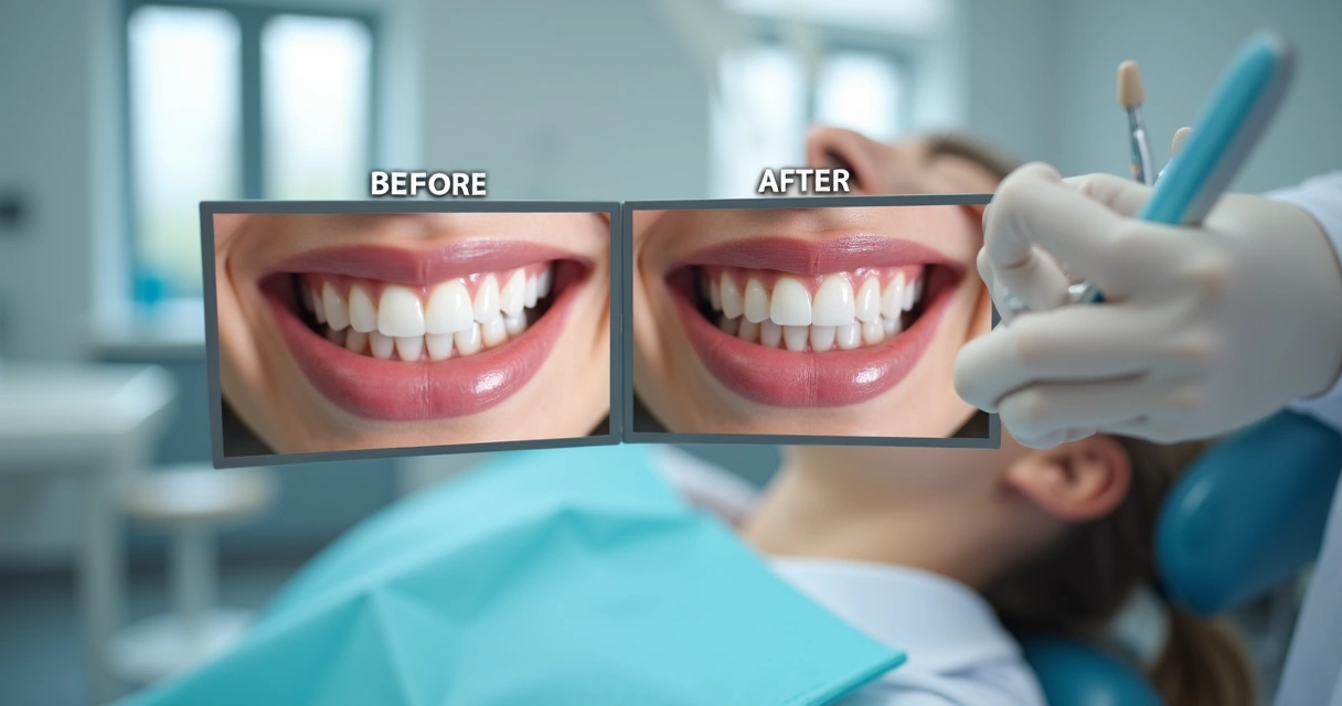 Montagem com antes e depois de dentes após tratamento 