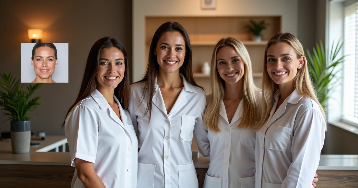 Equipe de clínica de estética posando com sorriso 