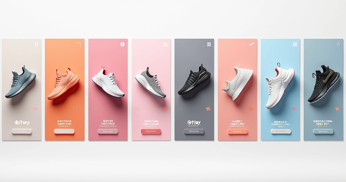 Montagem de criativos para anúncios digitais de ecommerce mostrando produtos variados 