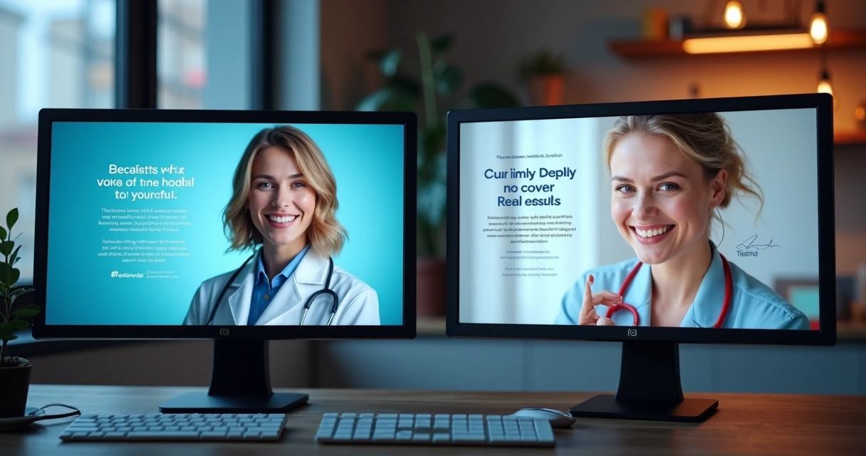 Comparação de dois anúncios de odontologia na mesma tela, um genérico e outro autêntico 