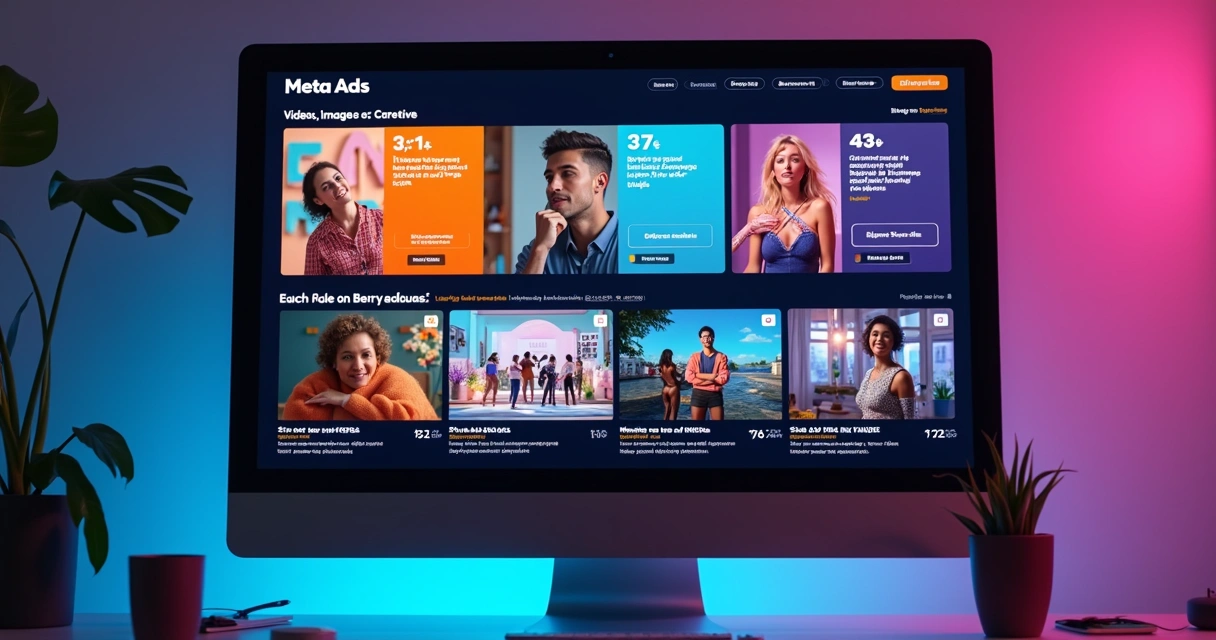 Coleção de criativos de Meta Ads variados em tela digital 