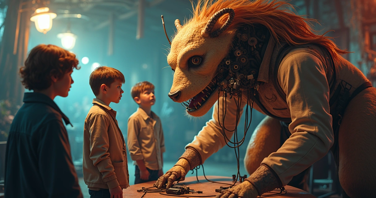 Artista operando criatura animatrônica em set de filme clássico 