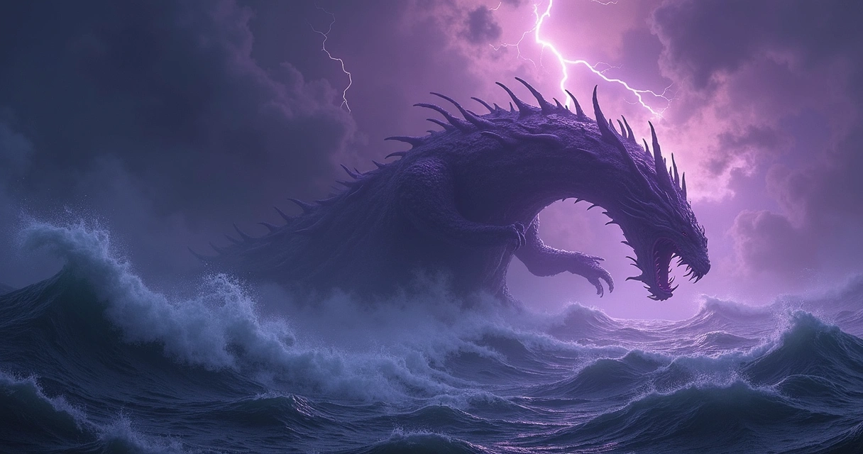 Criatura marinha mítica emerge de águas escuras, cercada por ondas e relâmpagos roxos 