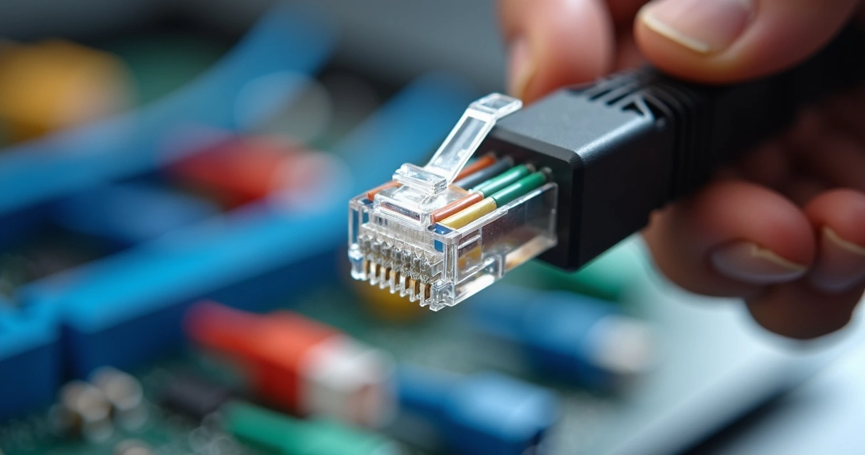 Alicate crimpa plugue RJ45 passante com fios coloridos aparentes