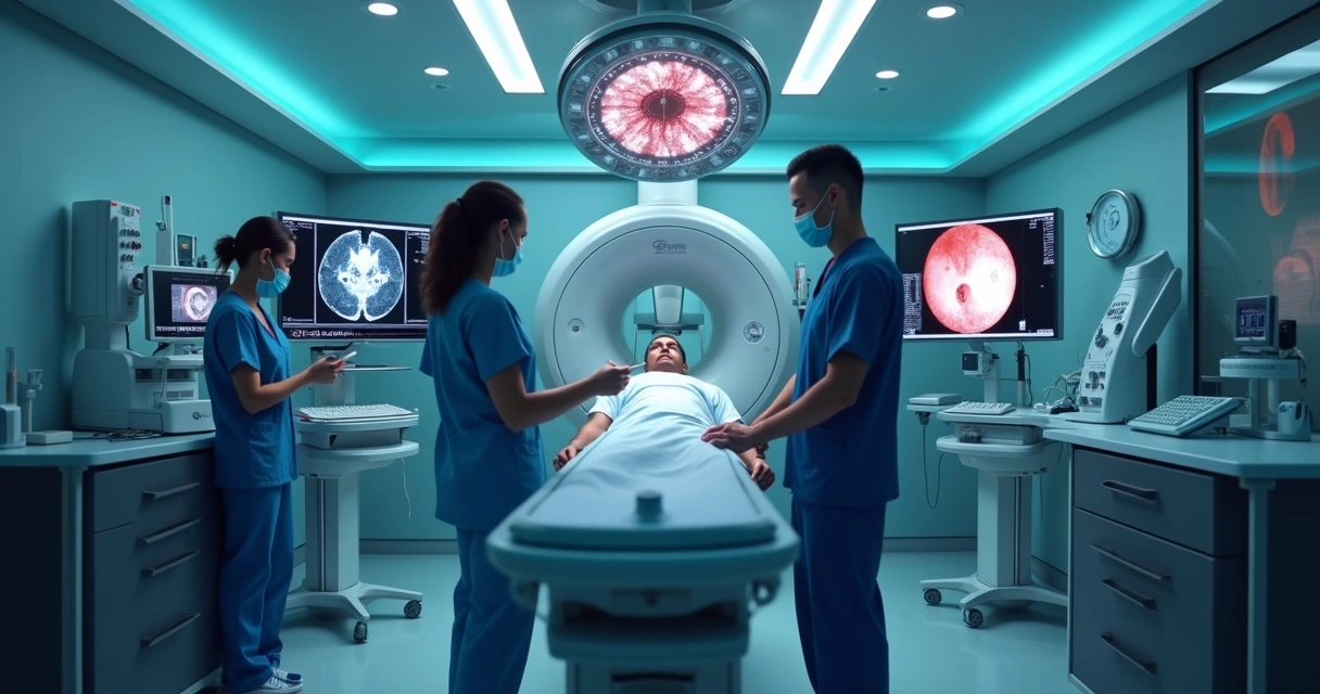 Procedimento de crioablação em sala moderna, equipe médica operando e monitor mostrando imagens 